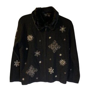 Nordic Design Women's Holiday Faux Fur Snowflakes Sweater Petite Size PM Black